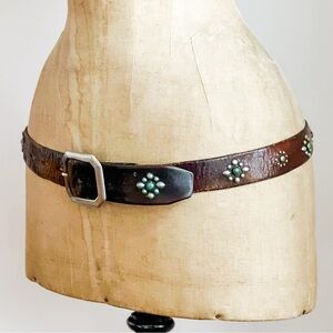 Vintage 70s Western Style Brown Leather Belt with Turquoise